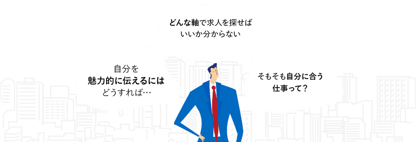 自分を魅力的に伝えるにはどうすれば…/どんな軸で求人を探せばいいか分からない/そもそも自分に合う仕事って?