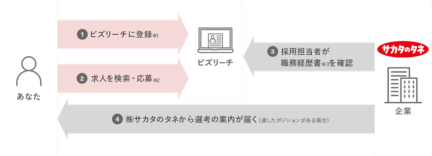 ①ビズリーチに登録※1/②求人を検索・応募※2/③採用担当者が職務経歴書※3を確認/④株式会社サカタのタネから選考の案内が届く(適したポジションがある場合)